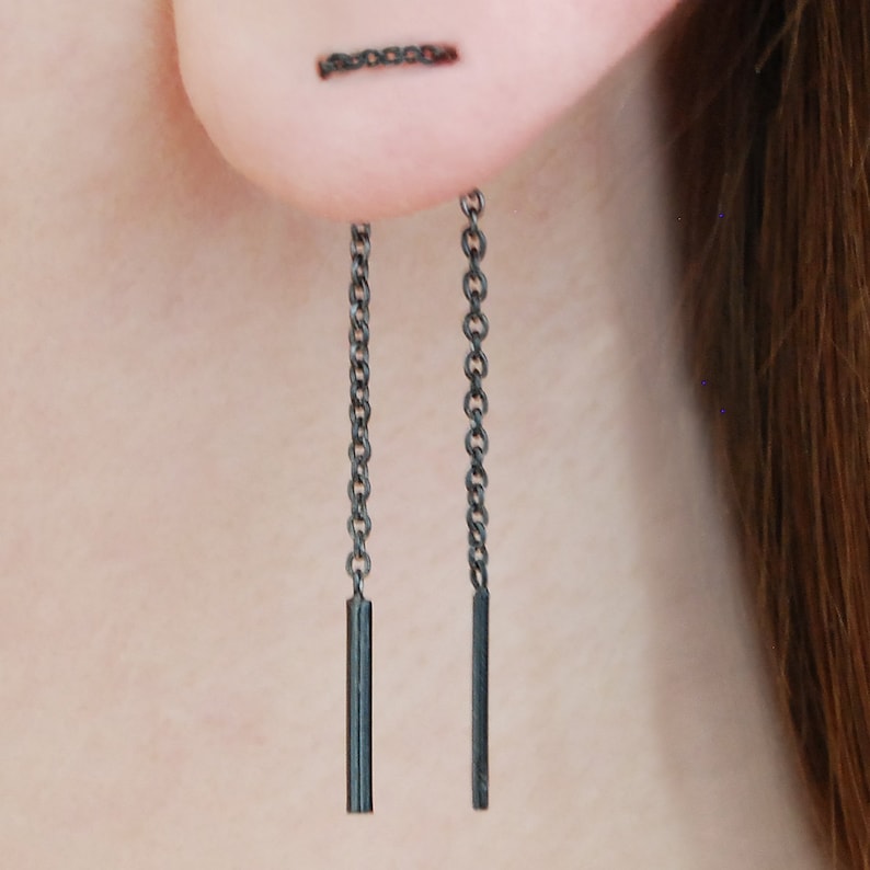 Black Threader Earrings Ear Thread Earrings Chain Earrings Etsy