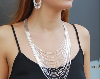 Long Silver Chain Necklace Sterling Silver Layered Necklace Graduated Necklace Liquid Silver Necklace Statement Necklace 925 Silver Jewelry