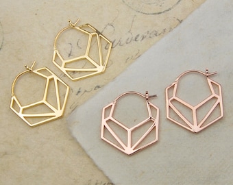 Gold Geometric Earrings Small Hoop Earrings Minimal Earrings Gold Hoop Earrings Modern Earrings Rose Gold Earrings Hexagonal Earrings