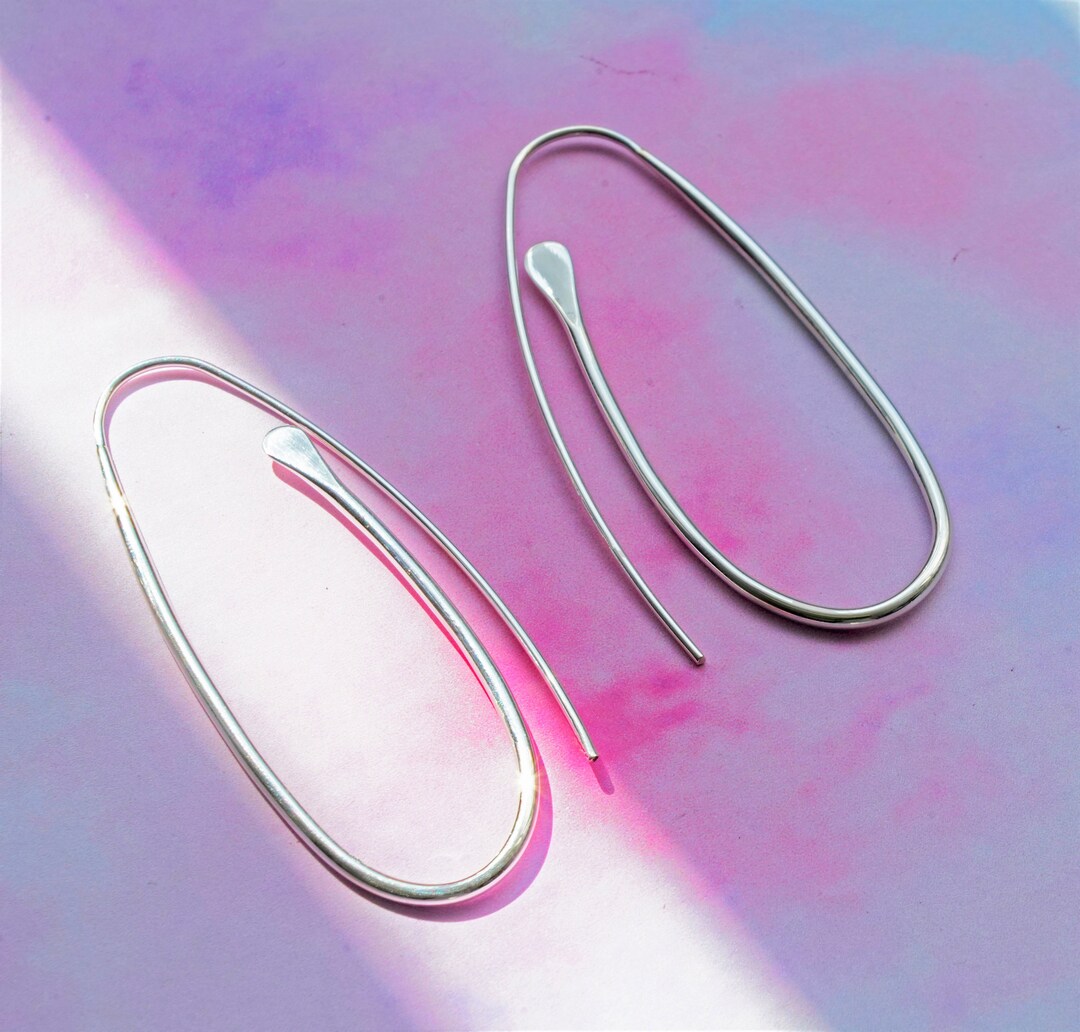 Sterling Silver Oval Hoop Drop Earrings Dangly Classic Paperclip ...