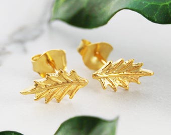 Gold Holly Leaf Stud Earrings Sterling Silver Stud Earrings Cute Earrings Christmas Earrings Leaf Earrings Christmas Gift for Her