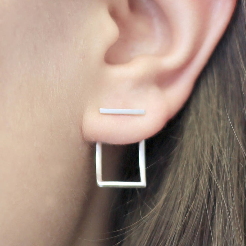 Square Ear Jacket Silver Earrings Sterling Silver Ear Etsy