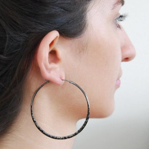 Oxidized Hammered Hoop Earrings Sterling Silver Black