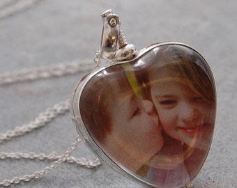 Heart Locket Necklace Sterling Silver With Photo for Partners Pets Photolocket Keepsakes or Birthstones