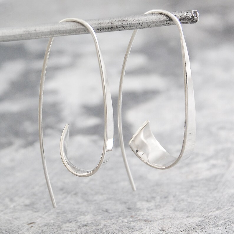 Sterling Silver Drop Hoop Earrings Small Ribbon Hoop Silver Earrings Statement Earrings Modern Earrings Unusual Earrings Curl Earrings image 2