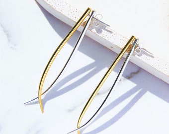 Silver and Gold Ear Jacket Earrings Long Drop Earrings Gold Spike Earrings Two Tone Earrings Ear Jackets Silver Double Spike Earrings