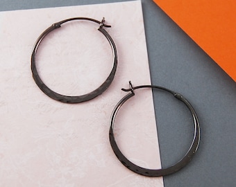 Hoop Earrings Black Hoop Earrings Oxidized Sterling Silver Textured Earrings Small Hammered Hoops Boho Earrings Chunky Hoop Earrings