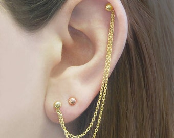 Gold Ear Cuff Chain Earrings Gold Earrings Cartilage Chain Earrings Double Stud Earrings Ball Earrings Boho Earrings Gold Jewelry Ball Studs