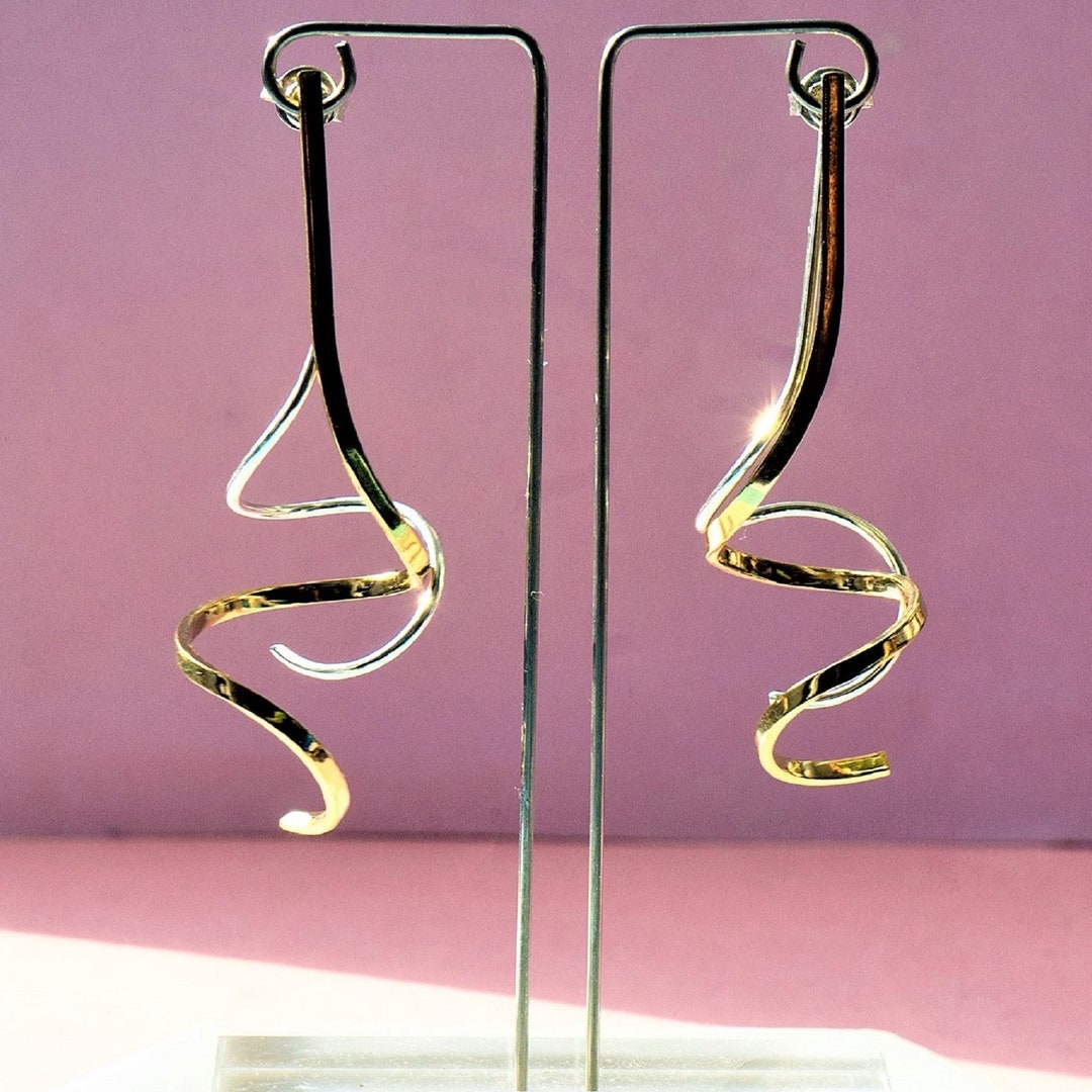 Gold And Silver Spiral Drop Ear Jackets Long Earrings Sterling Silver Earrings Ear Jacket 