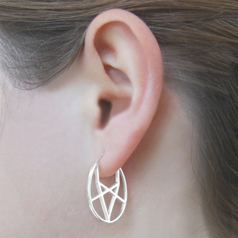 Silver Oval Geometric Small Hoop Earrings