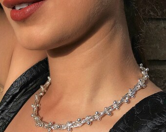 Conjunto de joyería de plata de ley con forma de grano de pimienta, conjunto de joyería nupcial para novia, collar de plata grueso, pulsera de plata gruesa