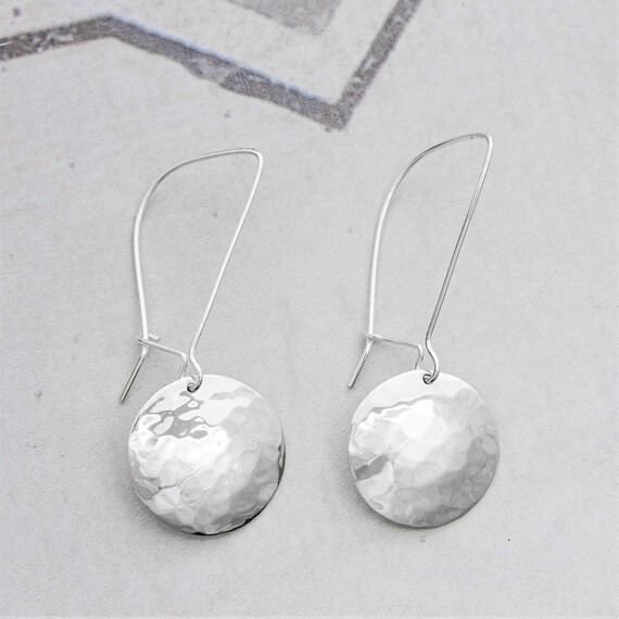 Hammered Disc Dangle Earrings Sterling Silver Long Drop Earrings