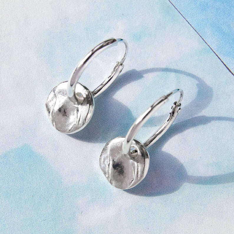 Silver Huggie Earrings with Charm Hoop Earrings with Charm Chunky Earrings Hammered Sterling Silver Hoop Earrings Small Hoop Earrings Sterling Silver