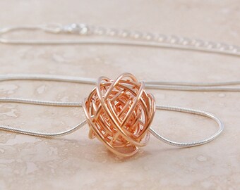 Rose Gold Wire Wrapped Pendant Charm Necklace Simple Rose Gold Necklace Ball Necklace Sphere Necklace