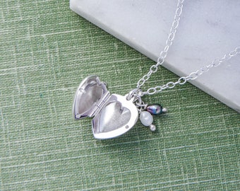 Heart Locket Necklace Sterling Silver Bridesmaids Necklace Locket Necklace With Photo Sterling Silver Locket with Pearls