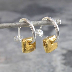 Square Charm Huggie Hoop Earring Gold Hoops Earrings Silver and Gold Earrings Organic Earrings Textured Earrings Simple Hoop Earrings image 6