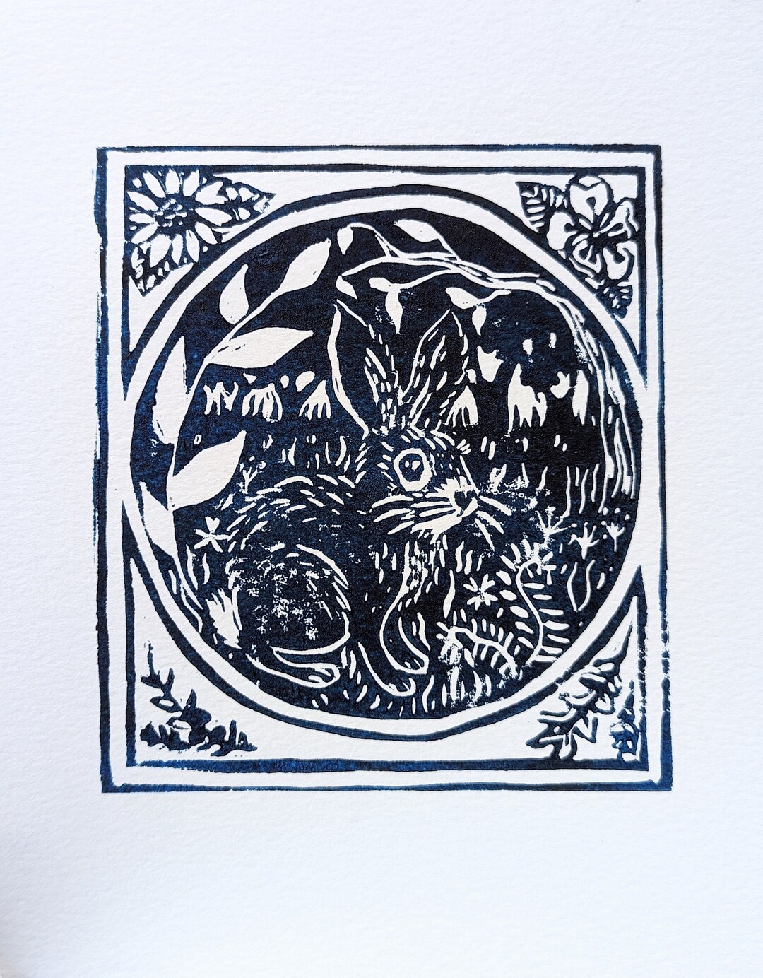 Rabbit Linocut Print: Four Seasons Floral Border, Good Luck Art - Etsy