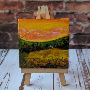 Pumpkin Patch Farm in the Fall Acrylic Painting Canvas and Easel, 3x3x1/3 inches, Autumn Splendor, Fall Scene, Farmland