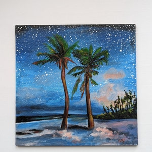 Original Palm Tree Beach Painting: Tropical Night Landscape, 5x5 Canvas