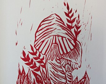 Red Mushroom Linocut Print: Vintage Style Garden Art