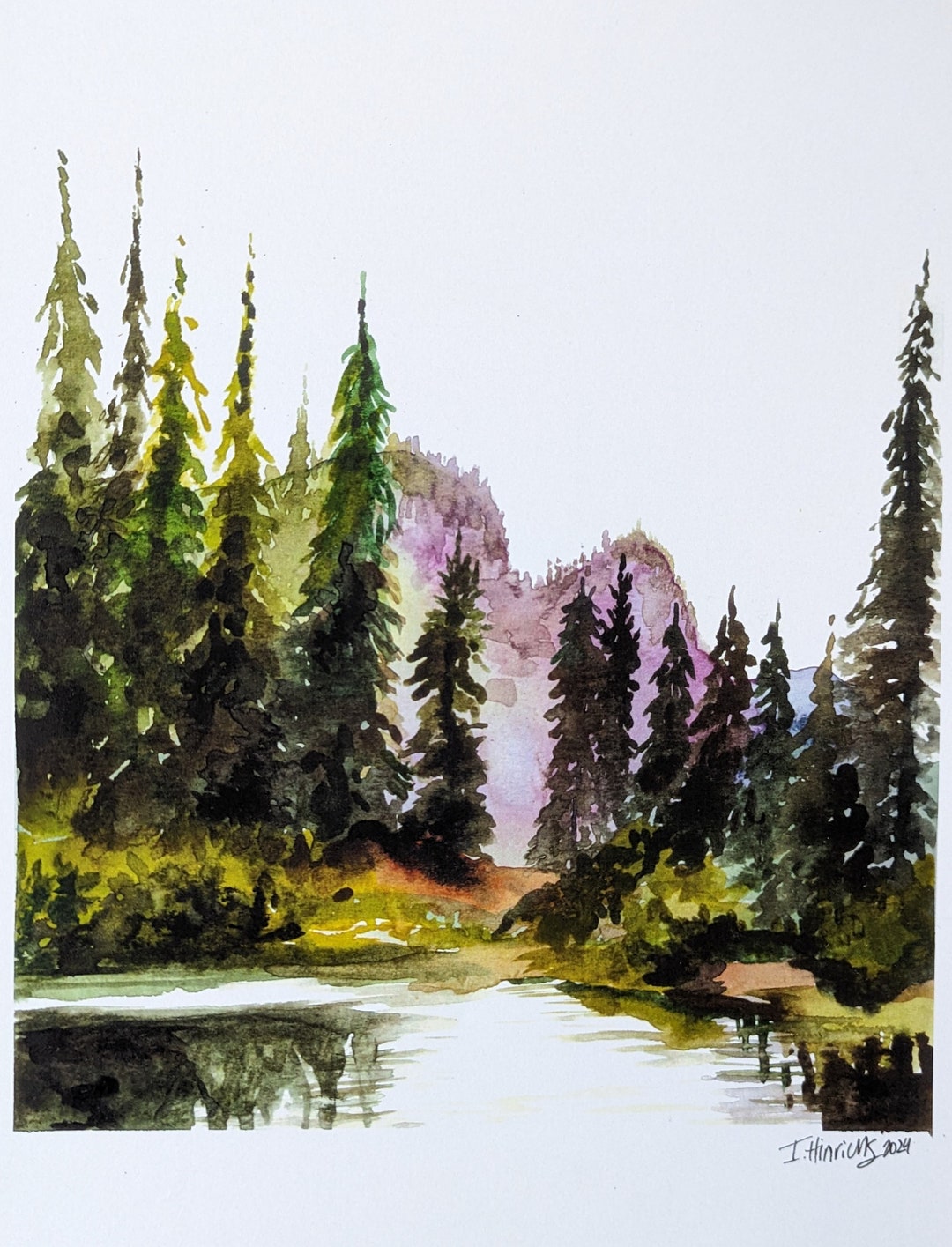 Forest Lake Watercolor Print: Pine Trees Landscape (8.5"x11") - Etsy