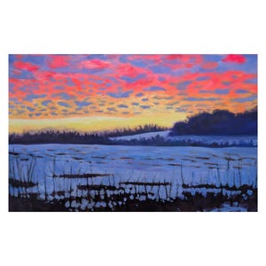 May include: An oil painting depicts a landscape with a vibrant sunset. The sky is filled with pink and orange clouds above a dark treeline. The foreground shows a blue field with dark vertical strokes.