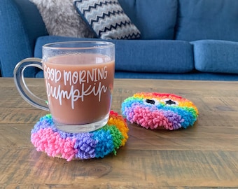 Personalised googley eyed mug rugs, set of two punch needle coasters.