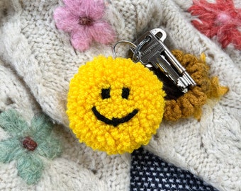 Custom happy sad key ring, personalised chunky key chain, bag decoration, punch needle accessory, y2k aesthetic, smiley face