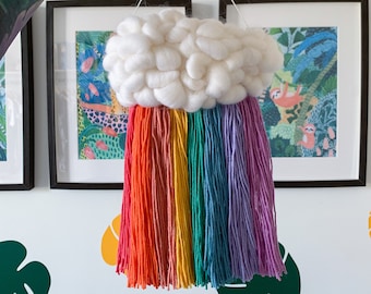 Colgante de pared de nube arco iris / Decoración de guardería, Nube tejida, Regalo de baby shower