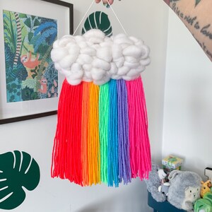 Neon rainbow cloud wall hanging Nursery decor, Woven cloud, Bold interiors, Gift for baby shower, For new mums, Y2k aesthetic image 2