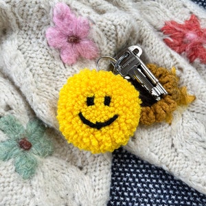 Custom happy sad key ring, personalised chunky key chain, bag decoration, punch needle accessory, y2k aesthetic, smiley face image 1