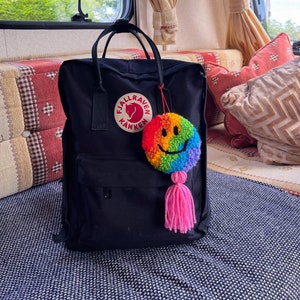 Rainbow happy sad charm tassel bag decoration, punch needle wall hanging, rear view mirror accessory, y2k image 1