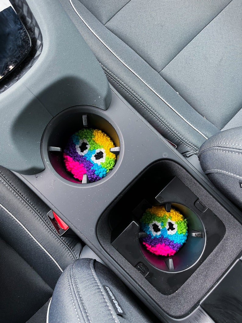 Googley eyed car coasters, set of two or four custom punch needle mug rugs. Rainbow funky car accessories. Y2k aesthetic. image 7