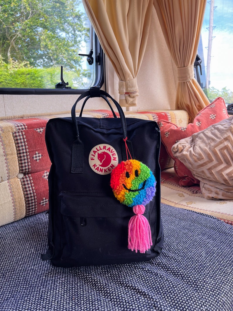 Rainbow happy sad charm tassel bag decoration, punch needle wall hanging, rear view mirror accessory, y2k image 1