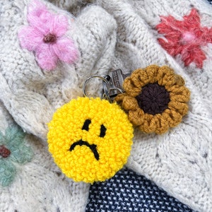 Custom happy sad key ring, personalised chunky key chain, bag decoration, punch needle accessory, y2k aesthetic, smiley face image 8