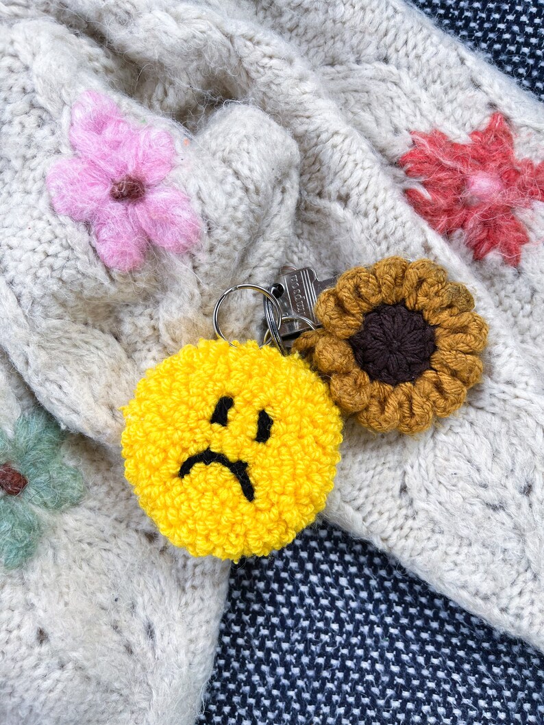 Custom happy sad key ring, personalised chunky key chain, bag decoration, punch needle accessory, y2k aesthetic, smiley face image 8