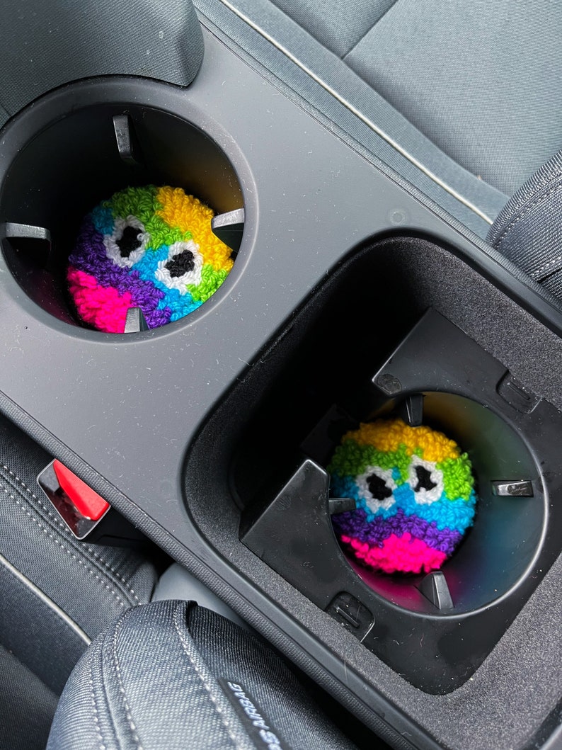 Googley eyed car coasters, set of two or four custom punch needle mug rugs. Rainbow funky car accessories. Y2k aesthetic. image 4