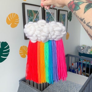 Neon rainbow cloud wall hanging Nursery decor, Woven cloud, Bold interiors, Gift for baby shower, For new mums, Y2k aesthetic image 3