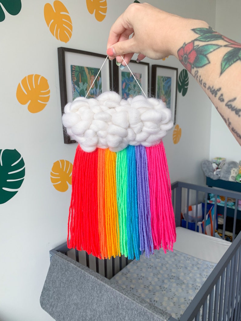 Neon rainbow cloud wall hanging Nursery decor, Woven cloud, Bold interiors, Gift for baby shower, For new mums, Y2k aesthetic image 3