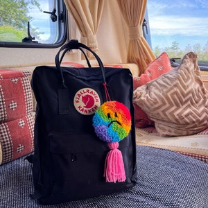Rainbow happy sad charm tassel bag decoration, punch needle wall hanging, rear view mirror accessory, y2k image 3