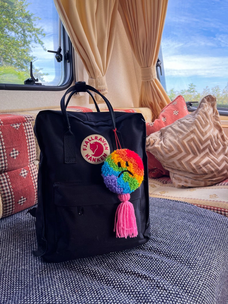 Rainbow happy sad charm tassel bag decoration, punch needle wall hanging, rear view mirror accessory, y2k image 3