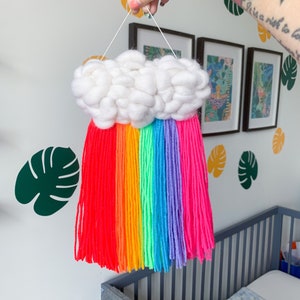 Neon rainbow cloud wall hanging Nursery decor, Woven cloud, Bold interiors, Gift for baby shower, For new mums, Y2k aesthetic image 1