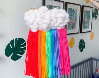 Neon rainbow cloud wall hanging | Nursery decor, Woven cloud, Bold interiors, Gift for baby shower, For new mums, Y2k aesthetic