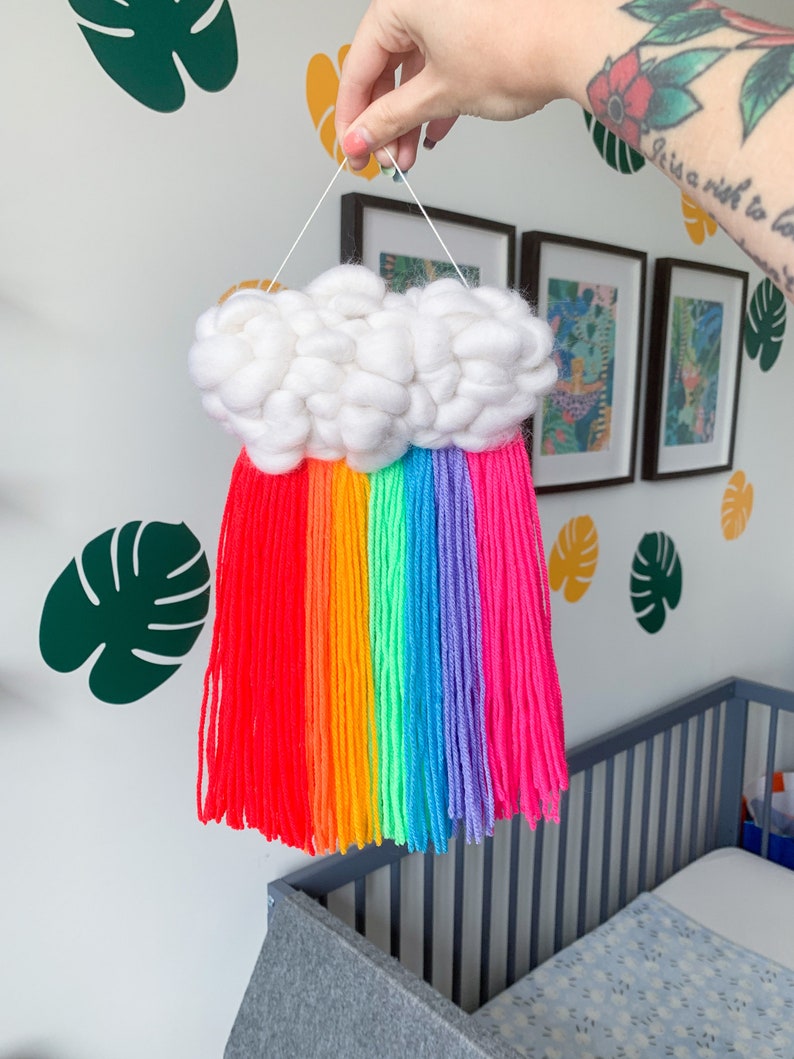 Neon rainbow cloud wall hanging Nursery decor, Woven cloud, Bold interiors, Gift for baby shower, For new mums, Y2k aesthetic image 1