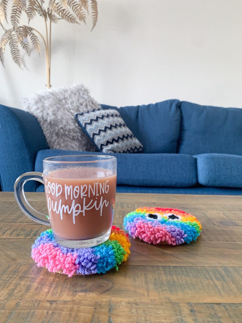 Personalised googley eyed mug rugs, set of two punch needle coasters. image 1