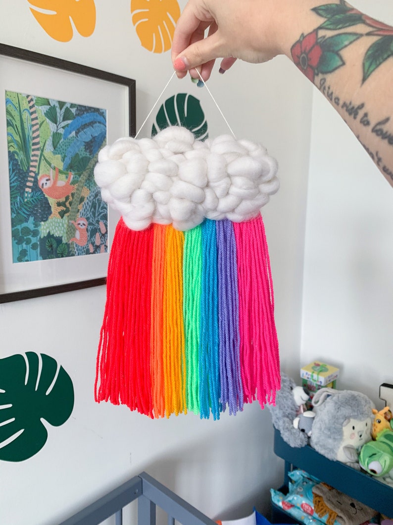 Neon rainbow cloud wall hanging Nursery decor, Woven cloud, Bold interiors, Gift for baby shower, For new mums, Y2k aesthetic image 2