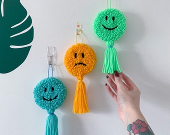 Custom happy sad emotion charm, tassel bag decoration, punch needle wall hanging, rear view mirror accessory