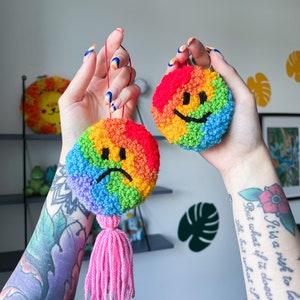 Rainbow happy sad charm tassel bag decoration, punch needle wall hanging, rear view mirror accessory, y2k image 7