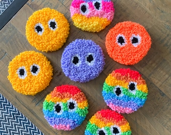 Googley eyed car coasters, set of two or four custom punch needle mug rugs. Rainbow funky car accessories. Y2k aesthetic.