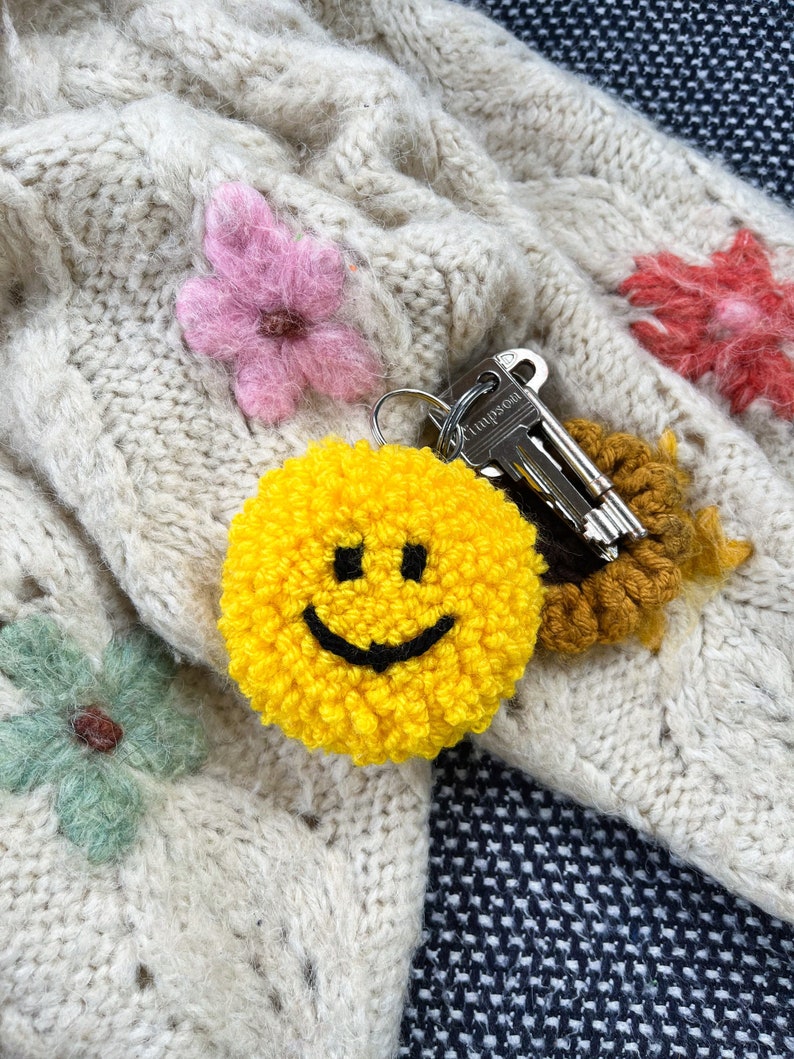 Custom happy sad key ring, personalised chunky key chain, bag decoration, punch needle accessory, y2k aesthetic, smiley face image 1